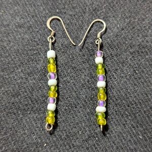 Silver Tone White Yellow Purple Green Beaded Drop Statement Earrings
